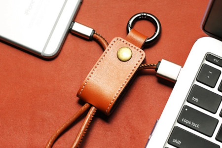 PU Brown Leather Portable USB charging cable keychain for latest IOS and Andriod