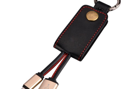 PU Black Leather Portable USB charging cable keychain for latest IOS and Andriod